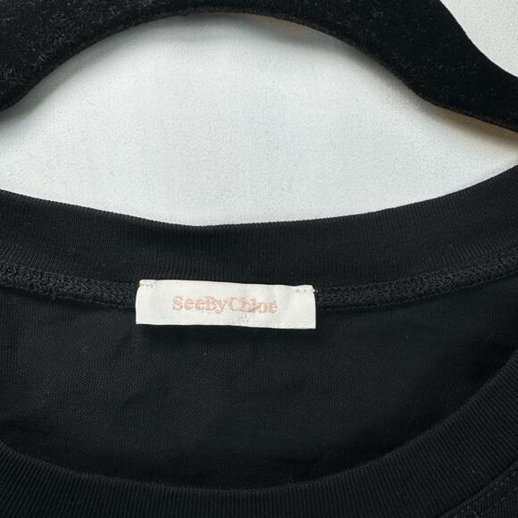 See by Chloe Black Cotton Scallop Hem Short Sleeve Drawstring Waist Mini Dress - Picture 6 of 10